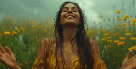 A woman stands in the rain, surrounded by nature, symbolizing acceptance and surrender.